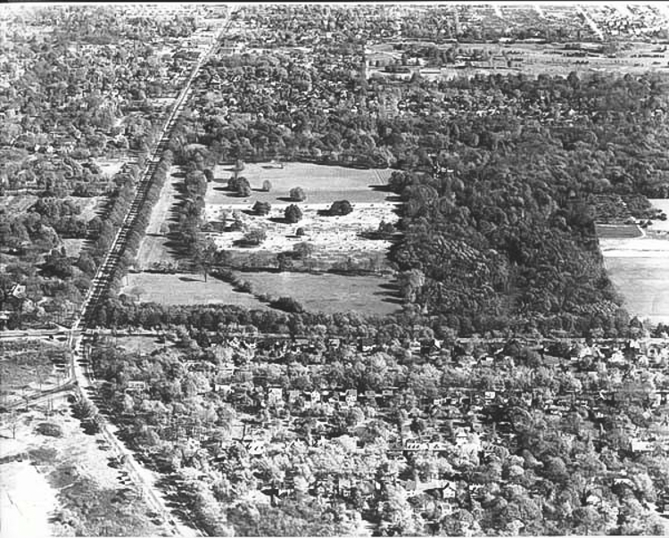 The Longwood Estate aerial view in 1949 looking east from Mayfield and Taylor Roads