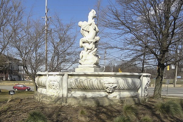 Carrera marble fountain once marked the entrance to Longwood but was moved outside of Cleveland Heights City Hall