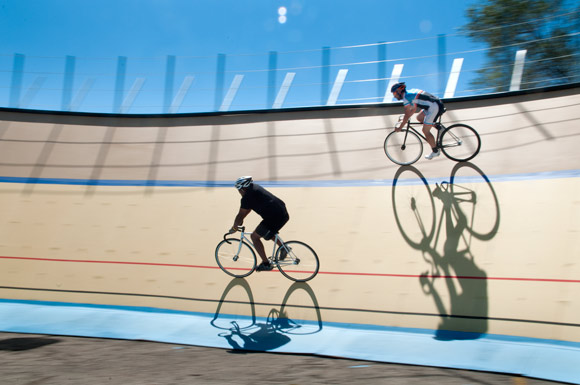 Gary Burkholder and Mike Evans riding the Cleveland Velodrome