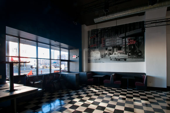 The restaurant space at the Cleveland Agora 5000