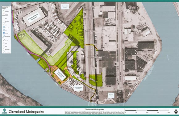 Rendering of the 2.8-acre parcel in the center of Cleveland’s Flats District known as Rivergate Park that will become part of the Park District - courtesy of the Cleveland Metroparks