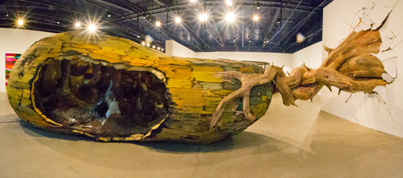 Henrique Oliveira, Caramboxido, 2012, demolition wood, PVC, plywood, foam, drywall, scrap metal and rubber exhibit at MOCA - Photo Bob Perkoski