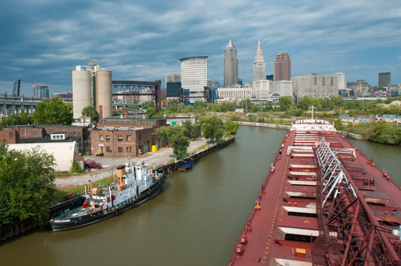 Columbus Peninsula on the left approaching the Flats Industrial RR Bridge