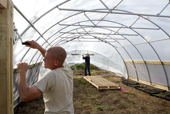 Frank Allender employee of Tunnel Vision Hoops works on a hoop house in Ohio City (Co-owner Todd Alexander in the background)