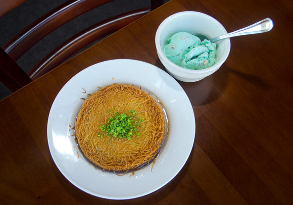 Kunefe - baked shredded phyllo with white sweet cheese and butter honey syrup