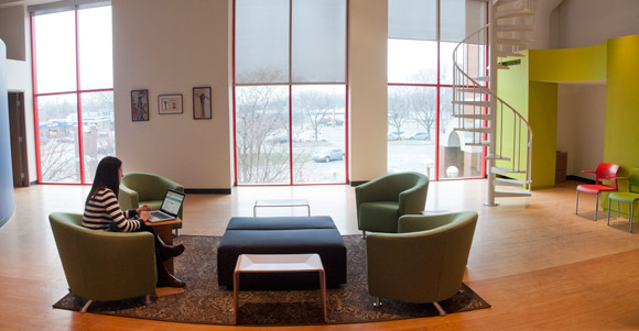 Lobby and work area at Explorys