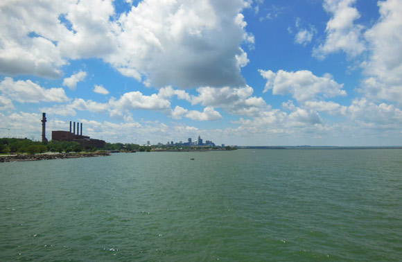 View from the overlook of Cleveland's skyline with a hint of the city's Rust Belt history joining in