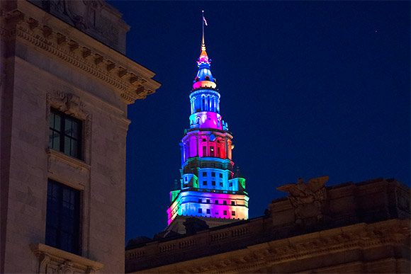 The Terminal Tower lit up for the Gay Games