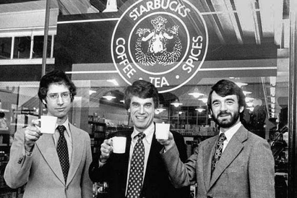 Starbucks Coffee founders, Zev Siegl, Jerry Baldwin and Gordon Bowker outside their store in 1979