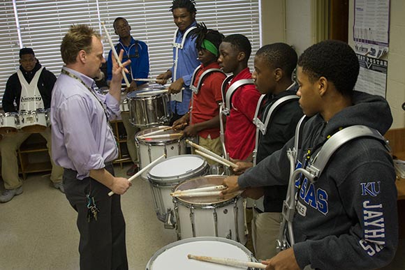 Aeneas Alldredge's drum class at John F. Kennedy High School’s E³agle Academy