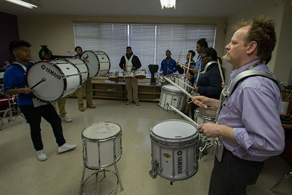 Aeneas Alldredge's drum class at John F. Kennedy High School’s E³agle Academy