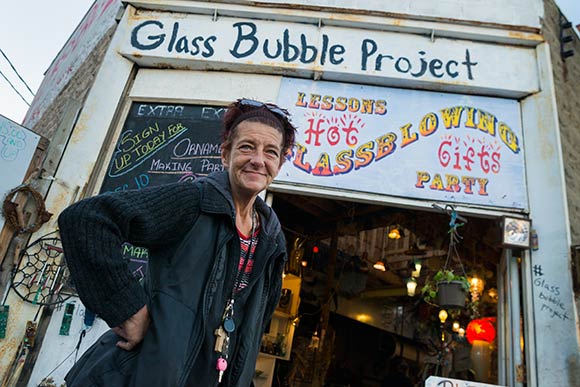 Cyndi Davies was previously homeless, but with the help of Kaplan, was given a chance to redefine her life as an artist working in the glass blowing studio.