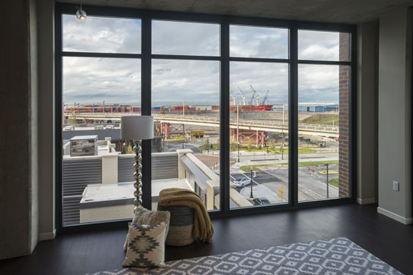 View from one of the units in the Flats East Bank Apartments