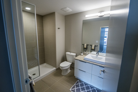 Master bathroom in a unit in the Flats East Bank Apartments