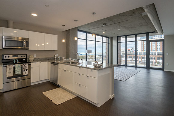 One of the two bedroom  units in the Flats East Bank Apartments