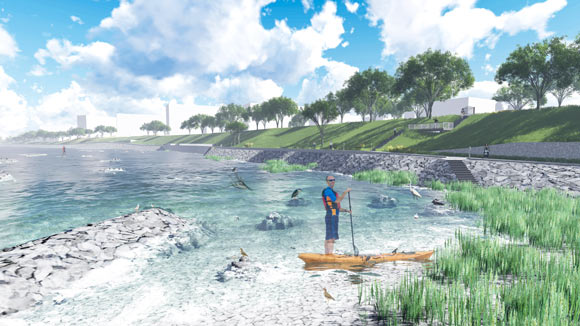 <span class="content-image-text">Breakwaters will be used as an erosion control measure along the waterfront trail. In addition, steep cliffs down the length of the pathway will be smoothed into slopes.</span>