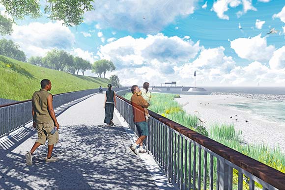 City officials envision visitors strolling the planned route, enjoying newly reachable beaches and a paddle-craft area to launch kayaks and small sailboats