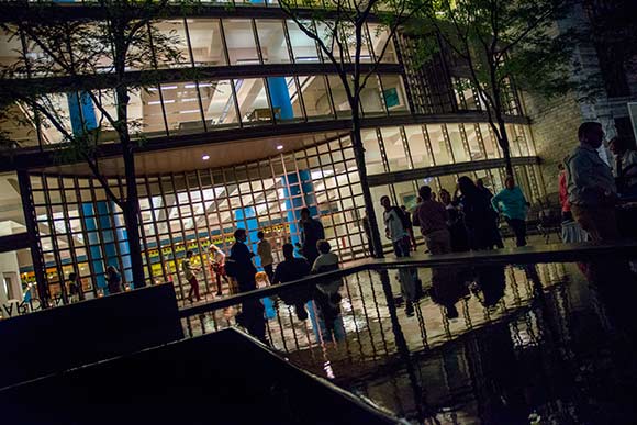 L-shaped reflecting pool  in the Eastman Reading Garden