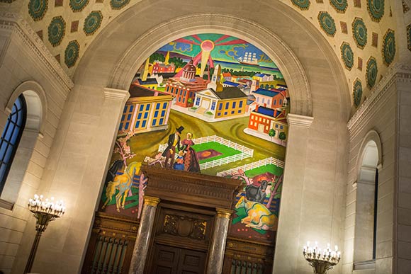 One of the murals in Brett Memorial Hall