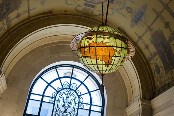 The restored 1926 terrestrial globe above the entrance at the Cleveland Public Library