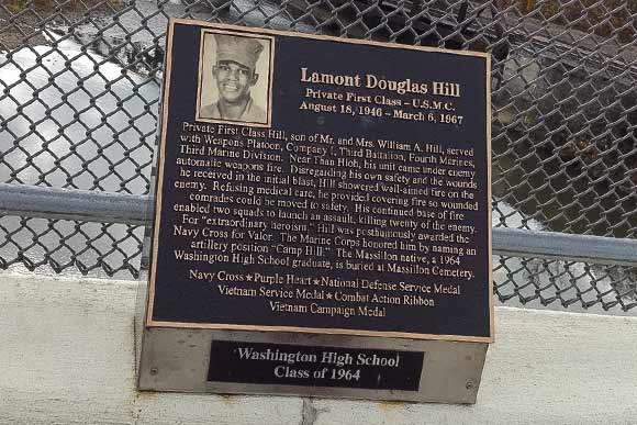 Plaque honoring Lamont Douglas Hill on the Vietnam Veterans Memorial Viaduct in Massillon