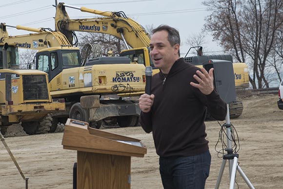 Cleveland city councilman Matt Zone speaks at the underpass ribbon cutting ceremony