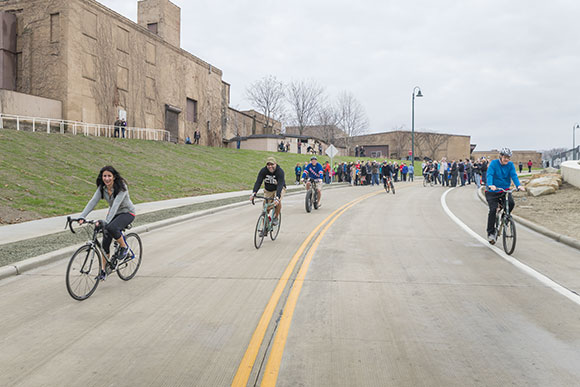 The first bikers and pedestrians to use the new underpass