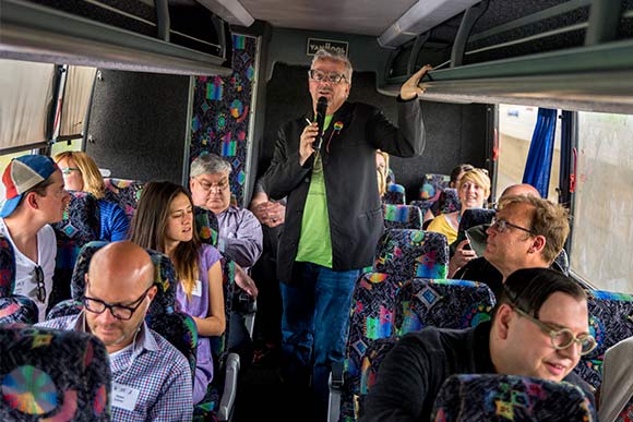 <span class="content-image-text">Mark Mothersbaugh on the Magical Myopia Bus Tour from Cleveland to Akron</span>