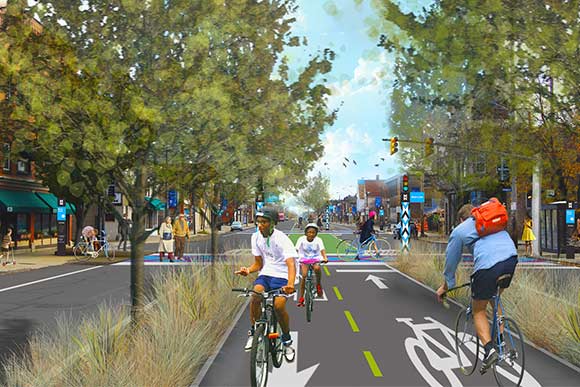 <span class="content-image-text">The Midway project would stand as a citywide network of protected pathways, including a two-way cycle track along Lorain Avenue</span>