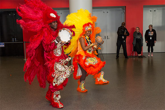 Indian Head Chief Shaka Zulu from New Orleans performs at the Rock Hall reception