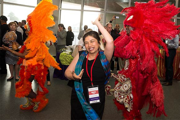 Indian Head Chief Shaka Zulu from New Orleans performs at the Rock Hall reception