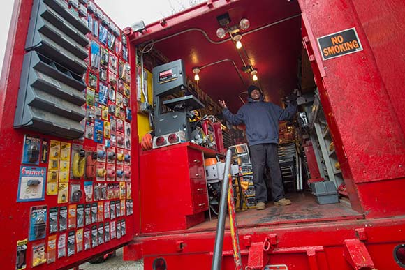 In the back of Tim's van/workshop, "You never know when you're gonna need a part!"