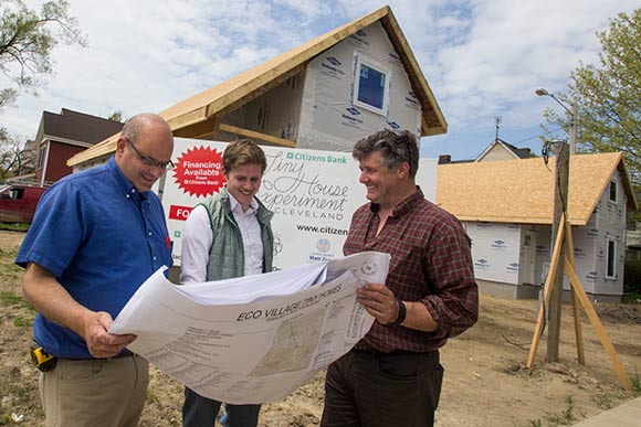 Keith Sutton of Sutton Development Group (left) with business partner Dave Territo (right) and Adam Davenport, head of EcoVillage Development (center)