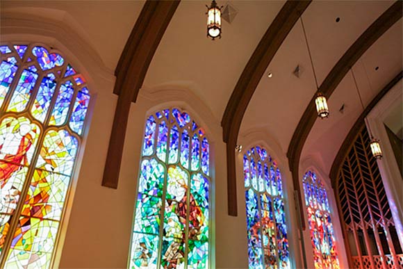 Stained glass artist Douglas Phillips (class of 1949) windows in Lakewood Presbyterian Church