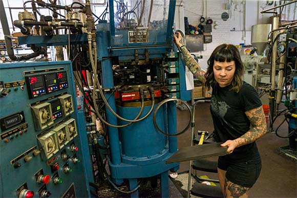 Sarah Barker working on a test pressing