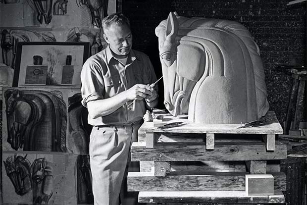 Viktor Schreckengost working on the O'Neill Memorial in the studio.