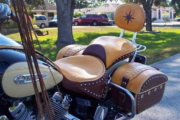 Buckskin and tobacco deerskin bike overhaul.seats saddlebags fringe