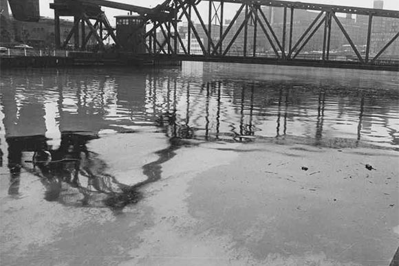 An oil slick in the Cuyahoga River in 1965