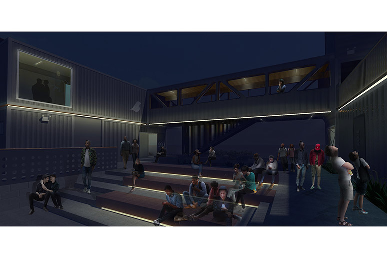 Box Spot courtyard at night rendering