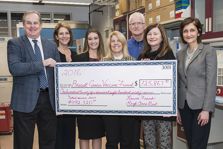 Brakes for Breasts participants and co-founders present a check to Dr. Tuohy