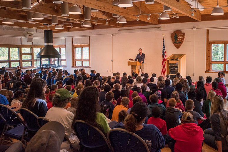 Cousteau speaking with local educators, students, and park rangers at the Cuyahoga Valley Environmental Education Center in Peninsula