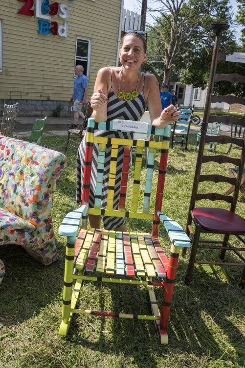Artist Liz Maugans and her "Slavical Chair"