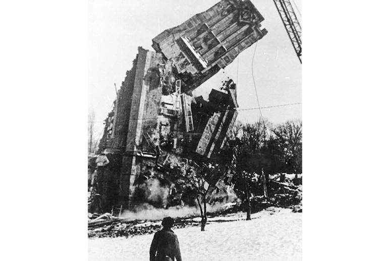 Demolition of the tower of the first Coventry School