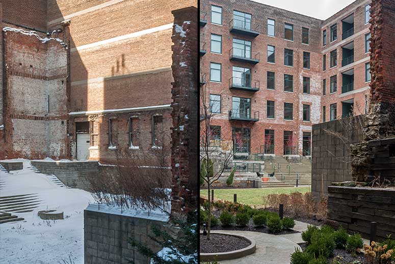 Left: the YARDS building in 2014 before the windows were cut in and right: today