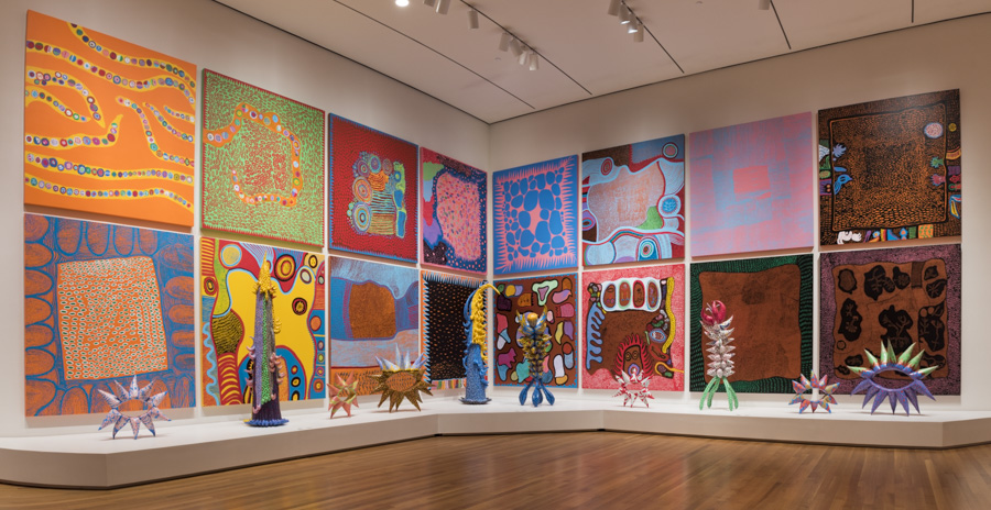 Kusama sculpture and paintings