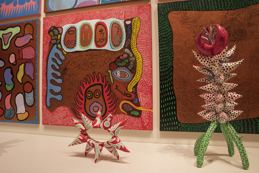 Kusama sculpture and paintings