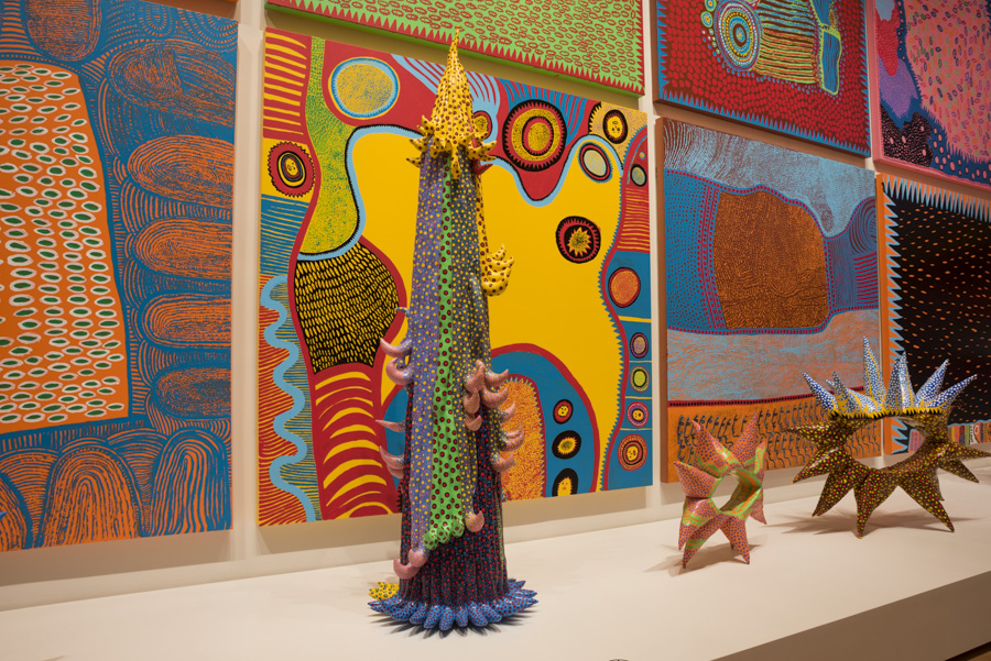 Kusama sculpture and paintings