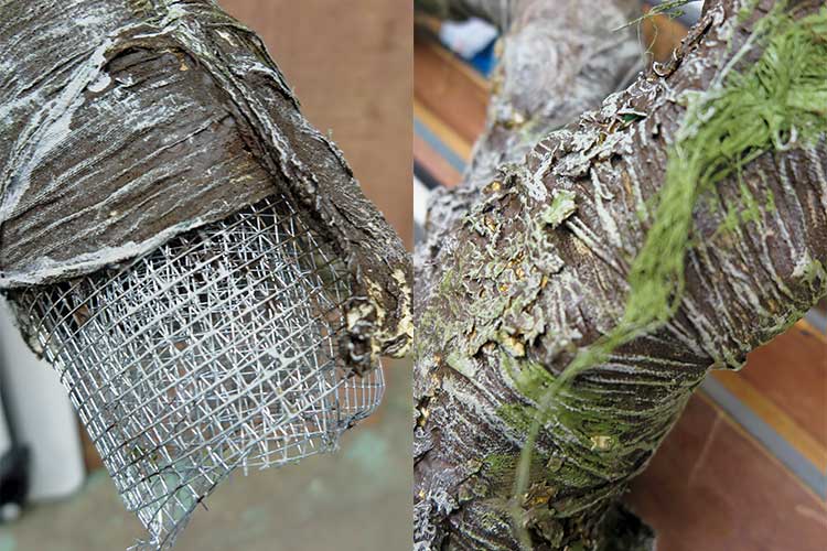 Detail of a tree branch created by Bruce Orendorf out of chicken wire and recycled material