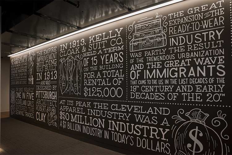 GBX’s three floors are defined by giant chalkboard murals, painted by Cleveland illustration artist Lisa Quine