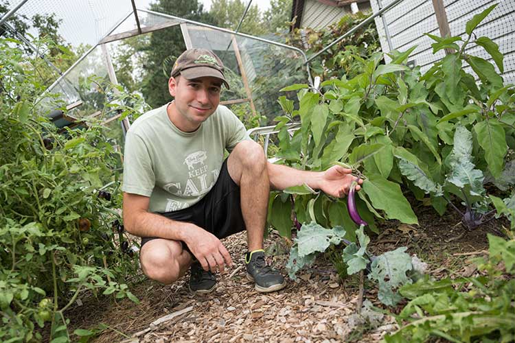 Ronald Kasper with an Eggplant growing at Orchard Grove